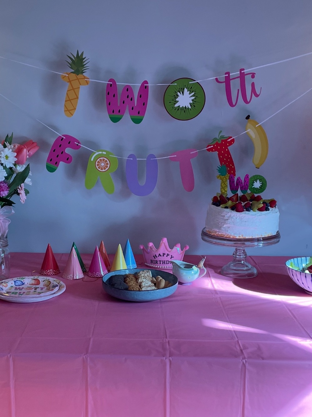 (Buy 2, get 1) Twotti frutti Party Banners and Cake topper for 2nd birthday